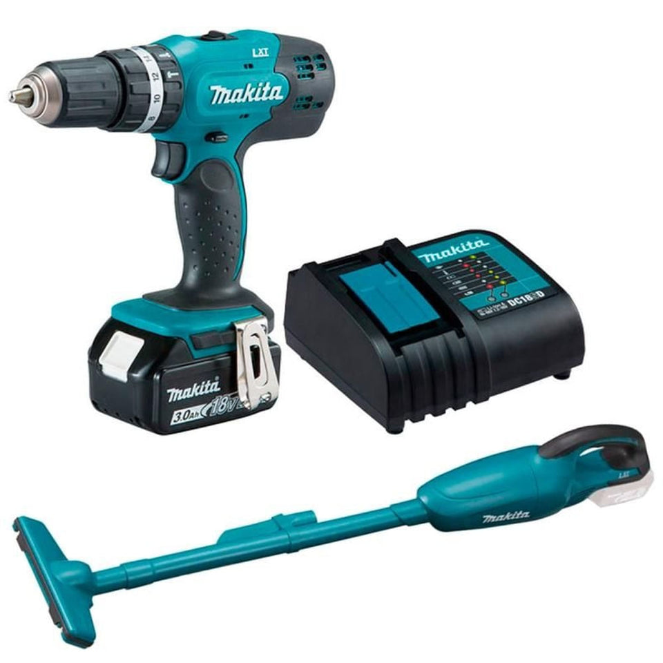 KIT PARAFUSADEIRA/FURADEIRA DE IMPACTO E ASPIRADOR DE PÓ 18V COM 1 BATERIA 3.0AH E CARREGADOR KITDHP453+DCL MAKITA
