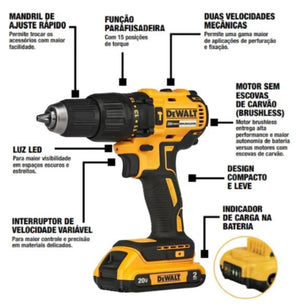 PARAFUSADEIRA/FURADEIRA DE IMPACTO 1/2" (13MM) 20V MAX LI-ION C/ 02 BATERIAS 2AH E 01 CARREGADOR DCD7781D2 DEWALT