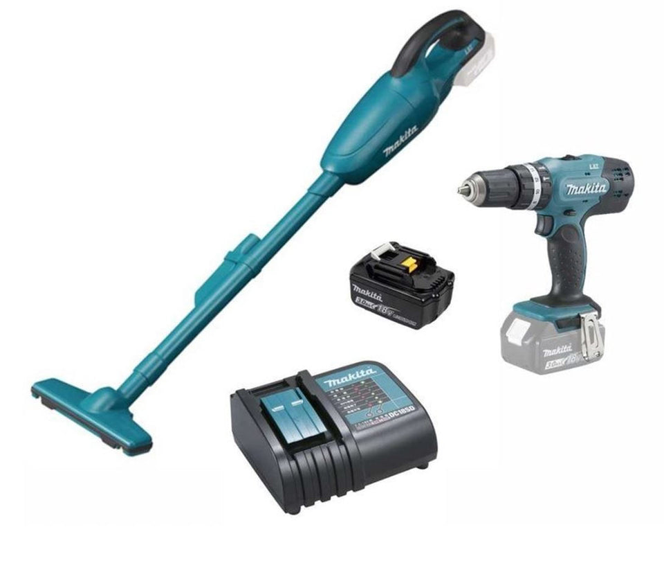 KIT PARAFUSADEIRA/FURADEIRA DE IMPACTO E ASPIRADOR DE PÓ 18V COM 1 BATERIA 3.0AH E CARREGADOR KITDHP453+DCL MAKITA