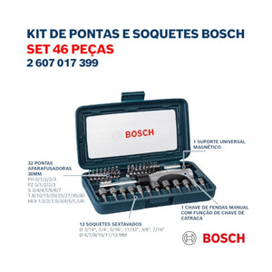 JOGO DE FIXAÇÃO COM BITS E SOQUETES COM 46 PEÇAS 2607017399 BOSCH
