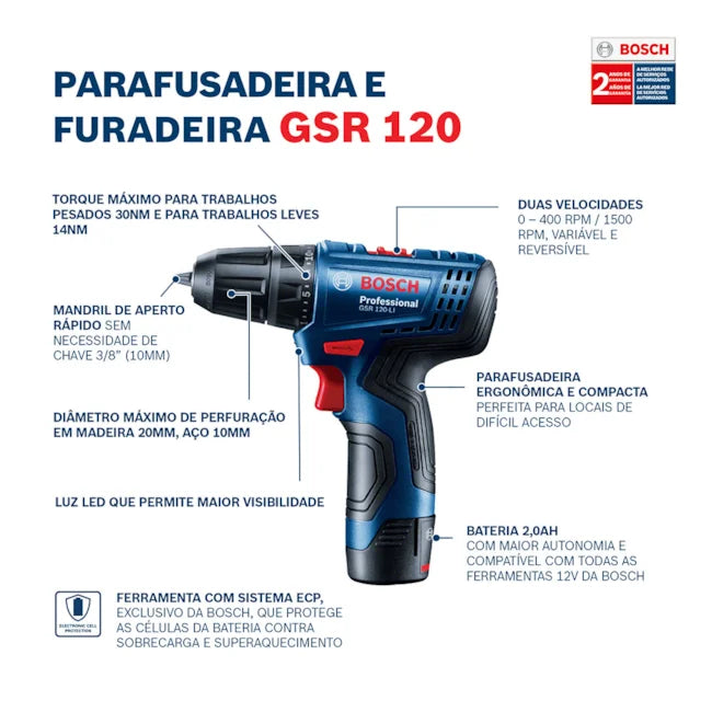 PARAFUSADEIRA / FURADEIRA À BATERIA 12V GSR120-LI COM 21 ACESSÓRIOS 06019G80E2 BOSCH