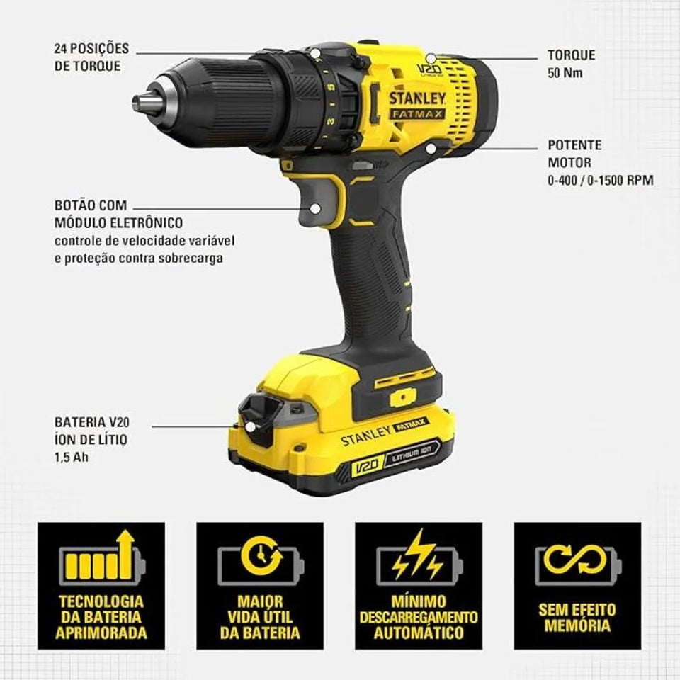 PARAFUSADEIRA / FURADEIRA 20V COM 2 BATERIAS SCD700C2K STANLEY