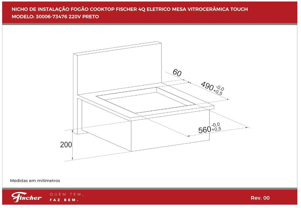 FOGÃO COOKTOP FISCHER 4Q VITROCERÂMICA ELÉTRICO 220V 30006.73476