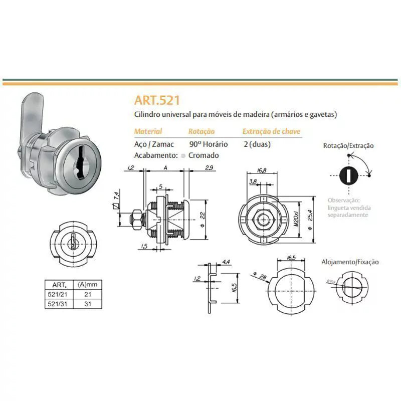 CILINDRO ARTICULADO 521 CROMADO COM LINGUETA 0252107CR PAPAIZ