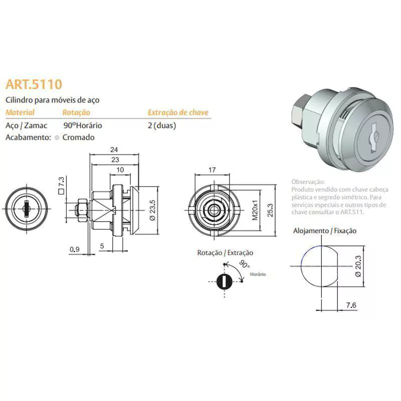 CILINDRO ARTICULADO 5110 CROMADO 02511046CR PAPAIZ