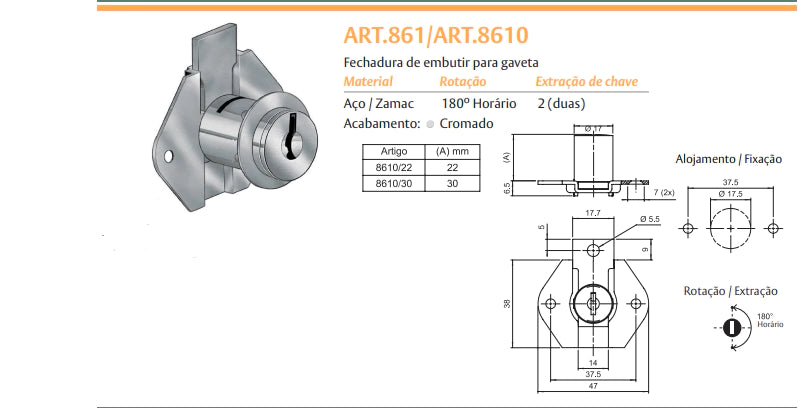 FECHADURA DE GAVETA ART.8610/22 CROMADA PAPAIZ
