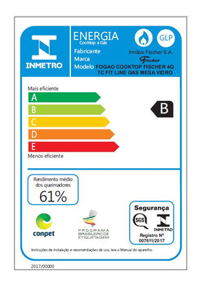 FOGÃO COOKTOP FISCHER A GÁS 4Q TRIPLA CHAMA FIT LINE MESA DE VIDRO BIVOLT 26299.57078