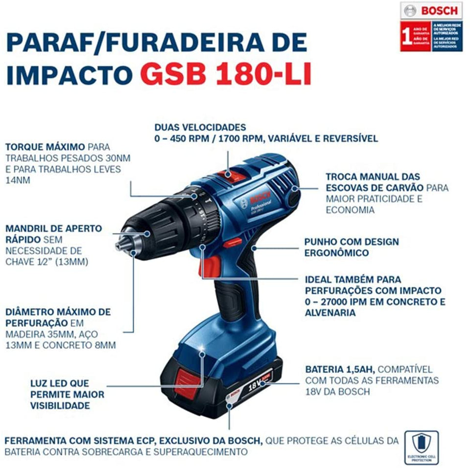 PARAFUSADEIRA E FURADEIRA DE IMPACTO 18V GSB180LI 06019F83E4 BOSCH