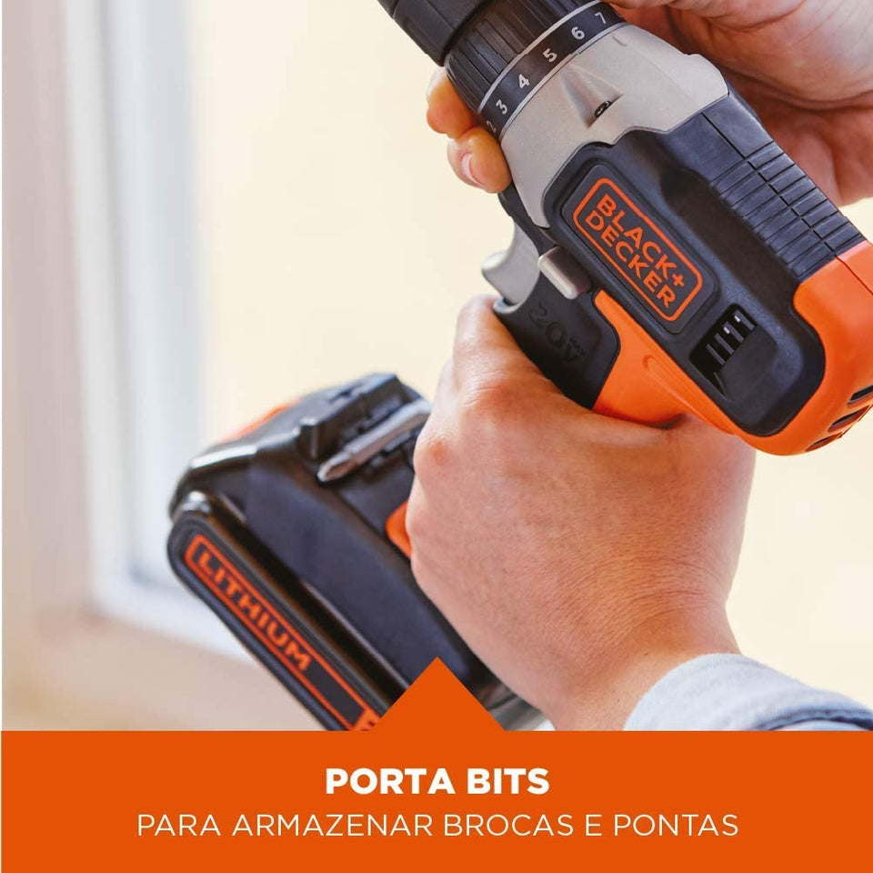 PARAFUSADEIRA/FURADEIRA DE IMPACTO 20V ÍON LÍTIO BCD704C1-BR 2 VELOCIDADES BLACK+DECKER