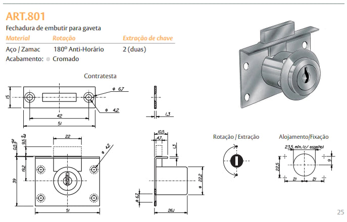 FECHADURA PARA GAVETA ART.801 CROMADO PAPAIZ