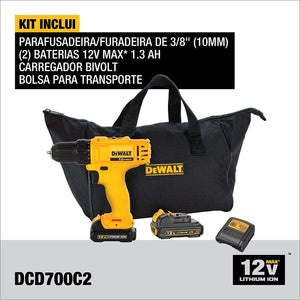PARAFUSADEIRA/FURADEIRA 3/8'' 12V MAX  ÍON DE LÍTIO DCD700C2-BR DEWALT
