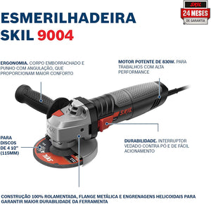ESMERILHADEIRA ANGULAR DE 4.1/2" COM 2 DISCOS E 1 BOLSA 9004 830W 220V SKIL