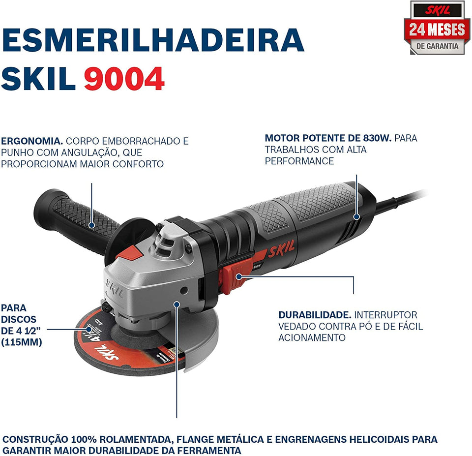 ESMERILHADEIRA ANGULAR DE 4.1/2" COM 2 DISCOS E 1 BOLSA 9004 830W 220V SKIL