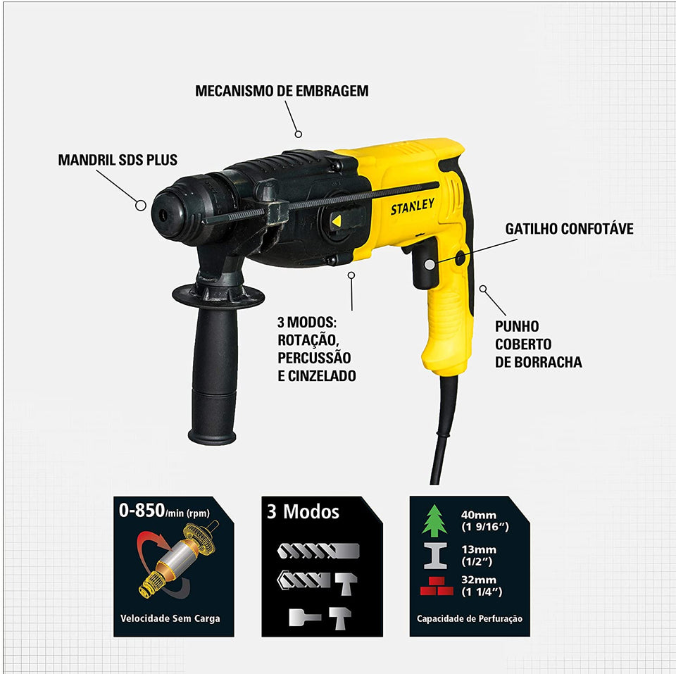 MARTELETE PERFURADOR ROMPEDOR SDS PLUS 800W 2,4J 2KG 220V SHR263K STANLEY