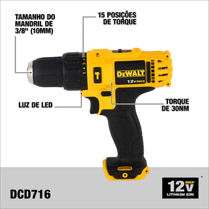PARAFUSADEIRA/FURADEIRA DE IMPACTO 3/8'' 12V MAX ÍON DE LÍTIO DCD716D2 DEWALT