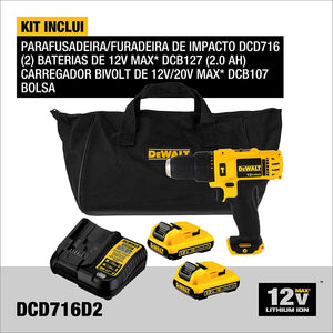 PARAFUSADEIRA/FURADEIRA DE IMPACTO 3/8'' 12V MAX ÍON DE LÍTIO DCD716D2 DEWALT
