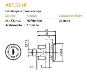 CILINDRO ARTICULADO 5110 CROMADO COM LINGUETA 02511041CR8 PAPAIZ