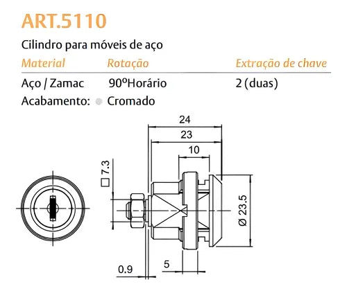 CILINDRO ARTICULADO 5110 CROMADO COM LINGUETA 02511041CR8 PAPAIZ