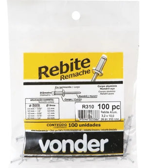 REBITE EM ALUMÍNIO 4.8X8.0 COM 100 PEÇAS 2820148080 VONDER