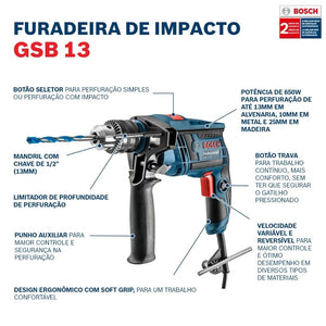 FURADEIRA DE IMPACTO 1/2" GSB13RE SEM MALETA 060123D5E0 650W 220V BOSCH