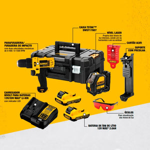 KIT PARAFUSADEIRA P/DRYWALL 20V MAX DCF620B + NIVEL LASER DCE088K REF. DCK246D2T DEWALT