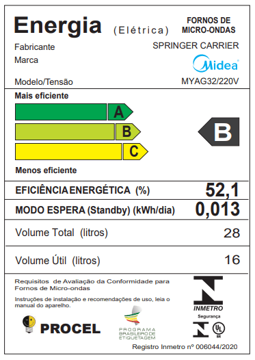 FORNO MICRO-ONDAS EMBUTIR MYAG32 28LT 220V MIDEA