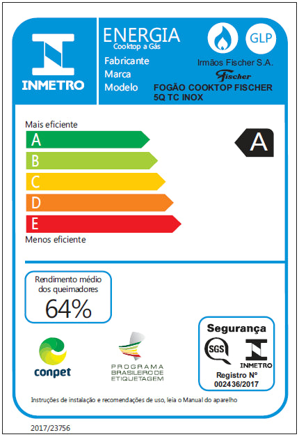 FOGÃO COOKTOP 5Q TC GÁS MESA 23678.54121 INOX BIVOLT FISCHER