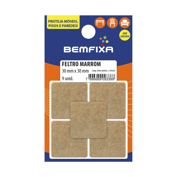 FELTRO QUADRADO MARROM 30X30MM 09 PEÇAS 9338 BEMFIXA