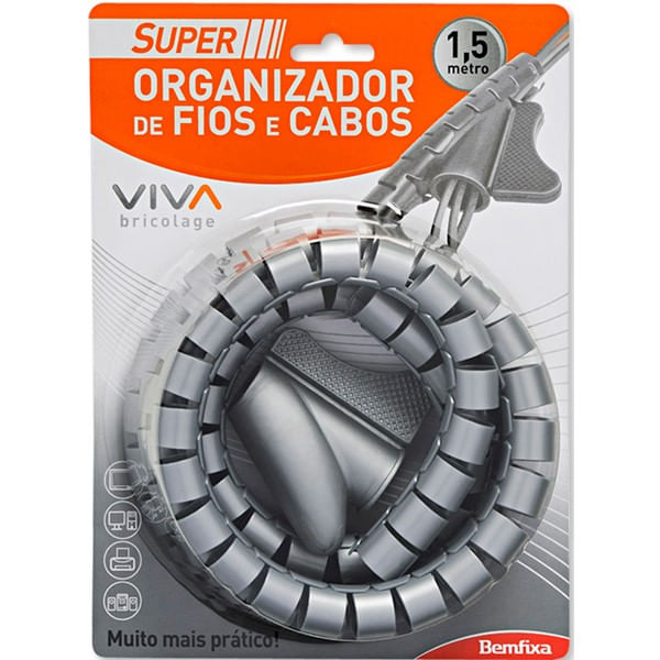 SUPER ORGANIZADOR DE FIOS E CABO CINZA 22MM 1,5MT 4057 BEMFIXA