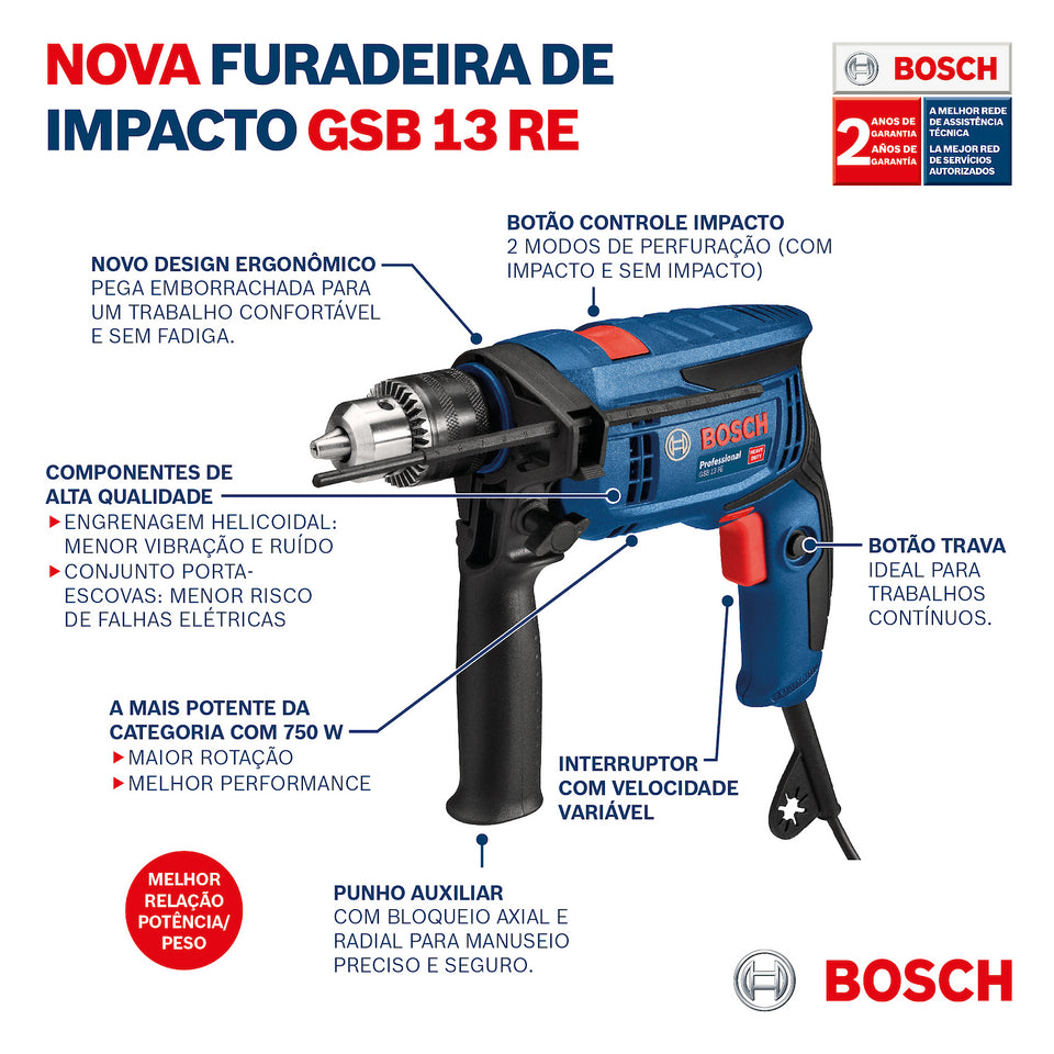 FURADEIRA DE IMPACTO 1/2" GSB13RE 750W SEM MALETA 06012B80E0 BOSCH