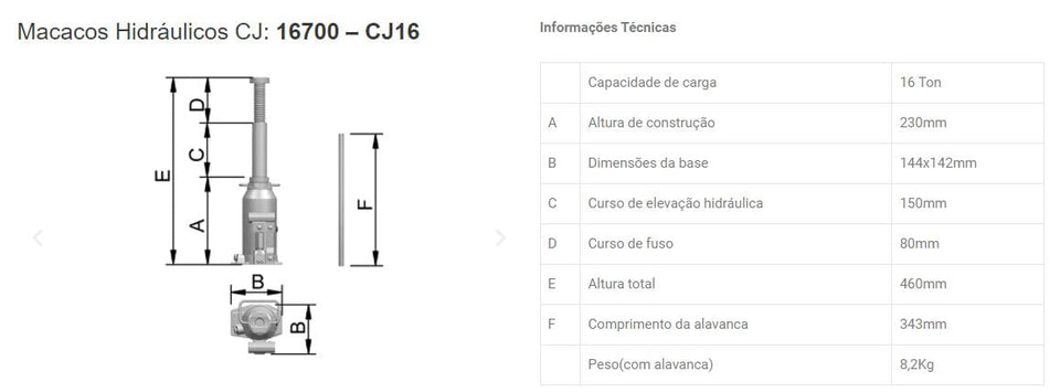 MACACO HIDRÁULICO 16 TONELADAS TIPO GARRAFA CJ-16 BOVENAU