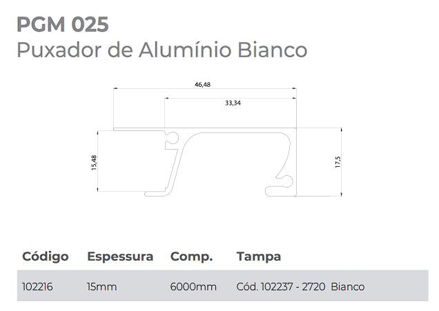 PERFIL PUXADOR PGM025 PARA PERFIL 15MM BRANCO 6 METROS GMAD