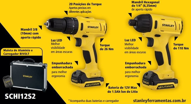 KIT PARAFUSADEIRA / FURADEIRA DE IMPACTO 3/8 12V SCHI121S2FK COM MALETA STANLEY