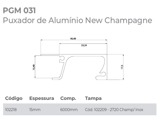 PERFIL PUXADOR PGM031 CHAMPAGNE PEFIL 15MM 6 METROS GMAS