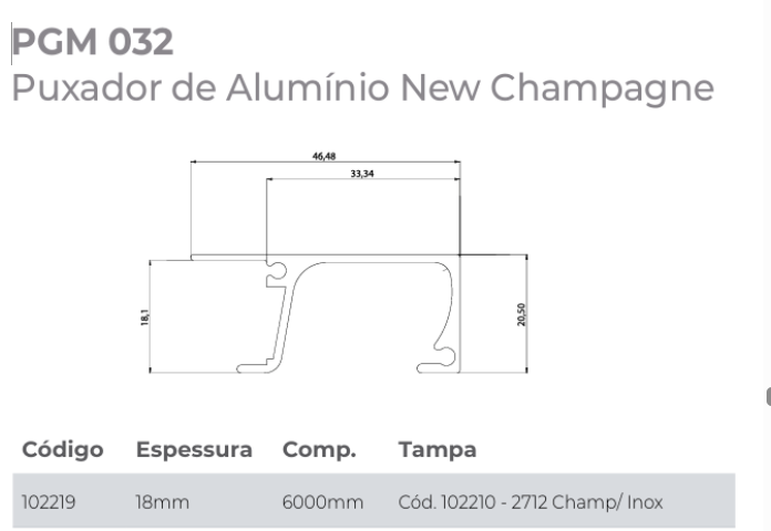 PERFIL PUXADOR PGM032 PARA PERFIL 18MM CHAMPAGNE 6 METROS GMAD