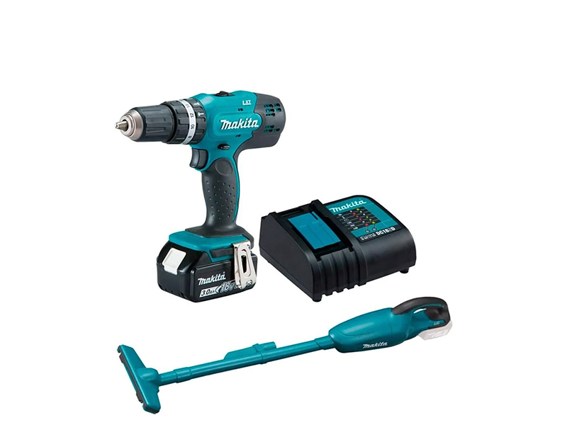 KIT PARAFUSADEIRA/FURADEIRA DE IMPACTO E ASPIRADOR DE PÓ 18V COM 1 BATERIA 3.0AH E CARREGADOR KITDHP453+DCL MAKITA