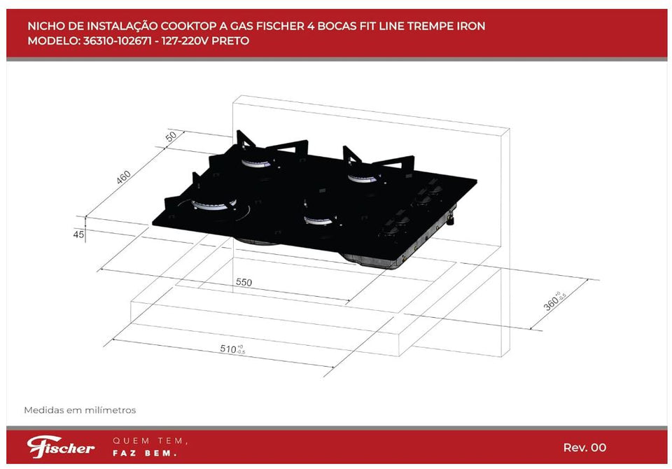 FOGÃO COOKTOP FISCHER 4Q FIT LINE VIDRO PRETO BIVOLT 36310.102671