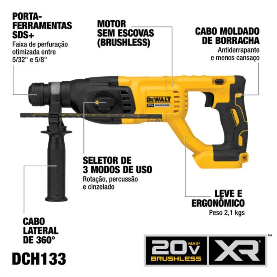 MARTELETE PERFURADOR/ROMPEDOR SDS PLUS 1" 20V DCH133B-B3 SEM BATERIA DEWALT