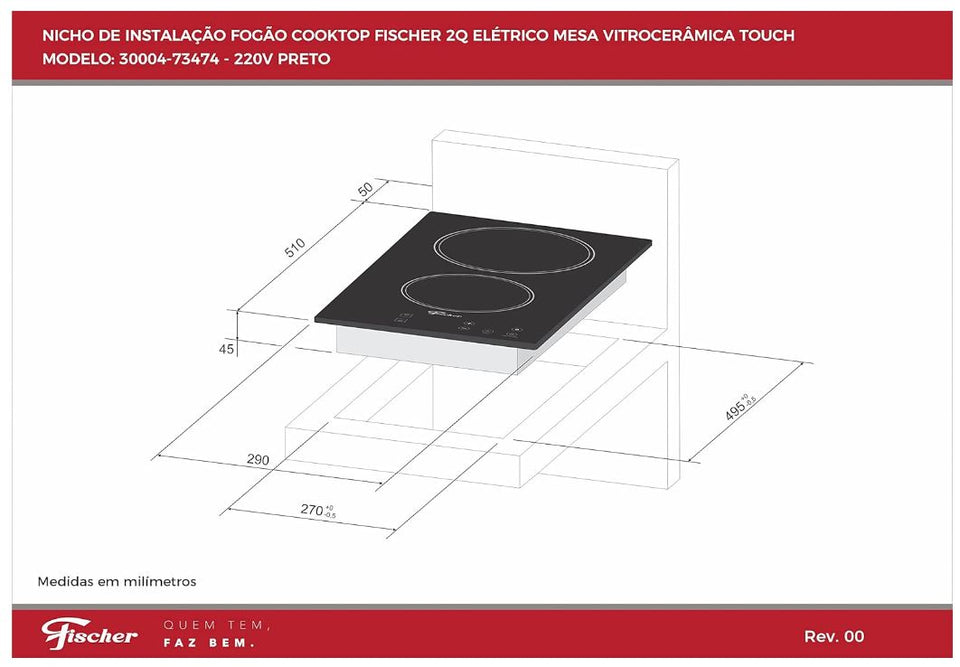 FOGÃO COOKTOP FISCHER 2Q ELÉTRICO TOUCH VITROCERÂMICA 30004.73474