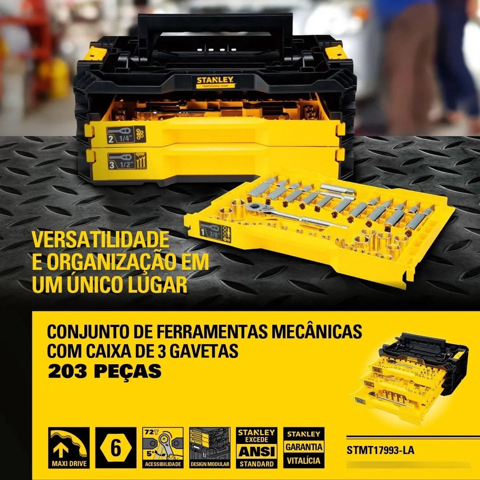 KIT CAIXA DE FERRAMENTAS MECÂNICAS COM 203 PEÇAS STMT17993-LA STANLEY
