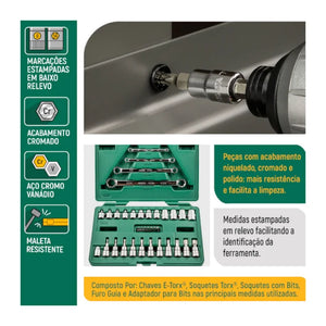 JOGO DE SOQUETES E CHAVES E-TORX DE 1/4" E 3/8" COM 35 PEÇAS ST09010SJ SATA