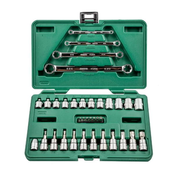JOGO DE SOQUETES E CHAVES E-TORX DE 1/4" E 3/8" COM 35 PEÇAS ST09010SJ SATA