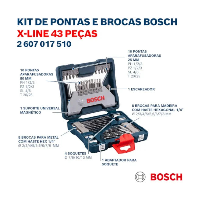 KIT DE PONTAS E BROCAS X-LINE COM 43 PEÇAS 2607017510 BOSCH