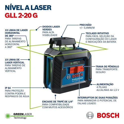 NÍVEL A LASER GLL 2-20 G COM 2 LINHAS VERDE 0601065001 BOSCH