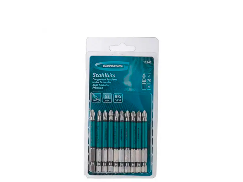 JOGO DE BITS PHILLIPS PH2 70MM ENCAIXE 1/4" COM 10 PEÇAS 1126256 GROSS