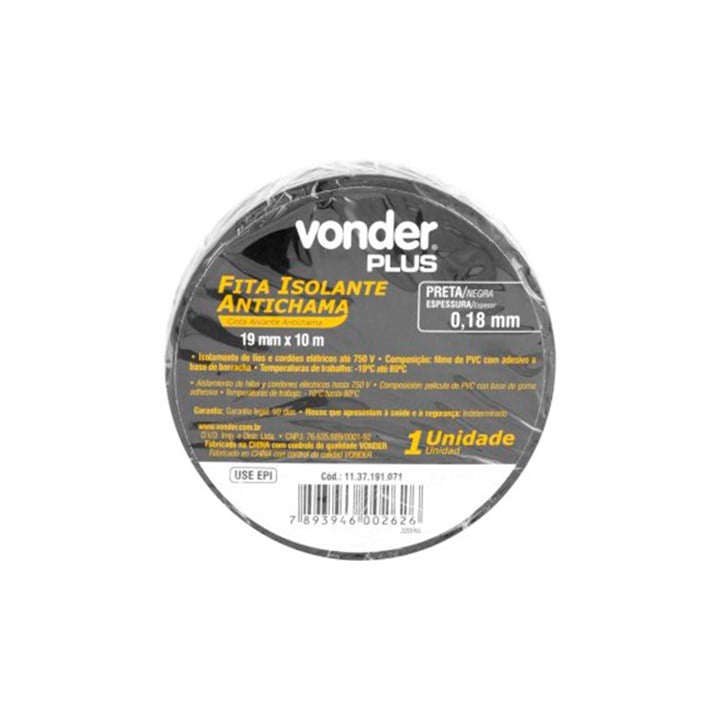 FITA ISOLANTE 19MMX10M PRETA 1137191071 VONDER #