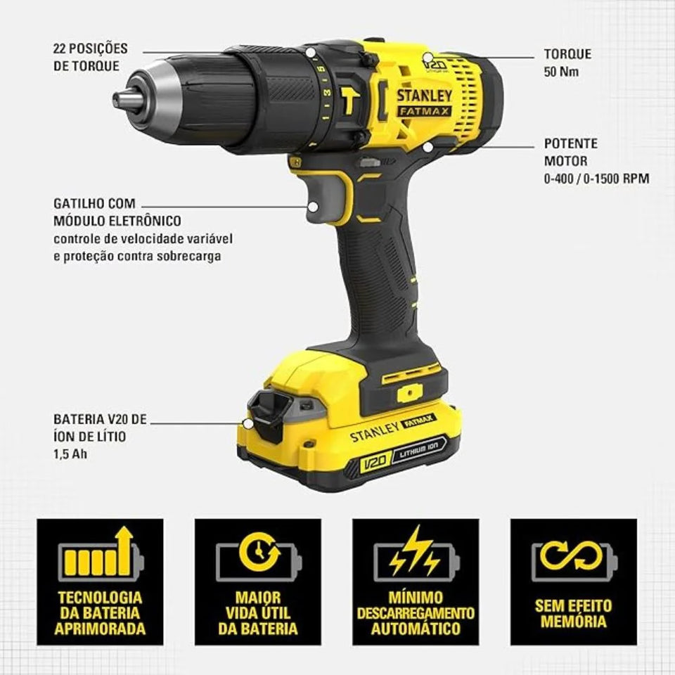PARAFUSADEIRA/FURADEIRA DE IMPACTO 20V 2 BATERIAS SCD711C2K STANLEY