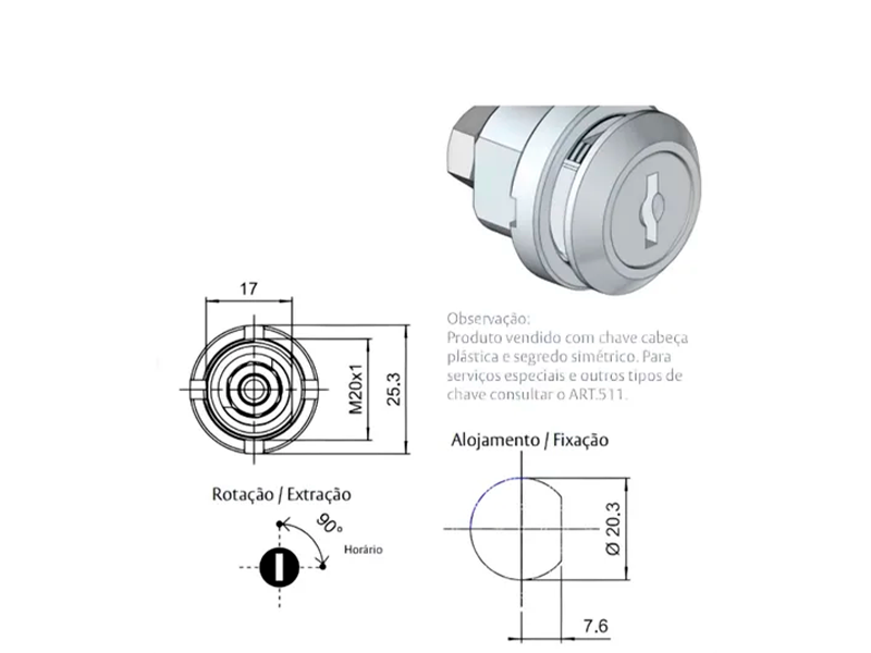 CILINDRO ARTICULADO 5110 CROMADO COM LINGUETA 02511041CR8 PAPAIZ