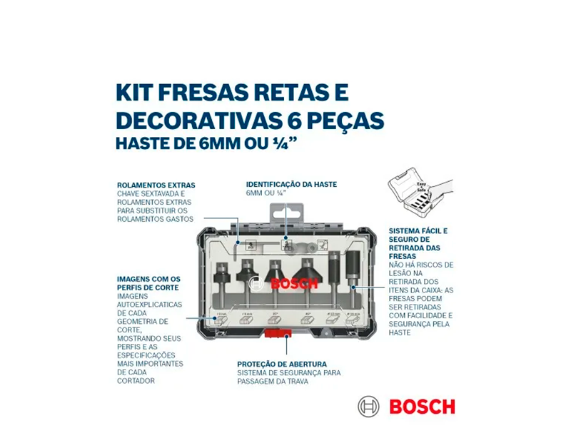 KIT DE FRESAS PARA MADEIRA COM 6 PEÇAS HASTE 1/4" 2607017470 BOSCH