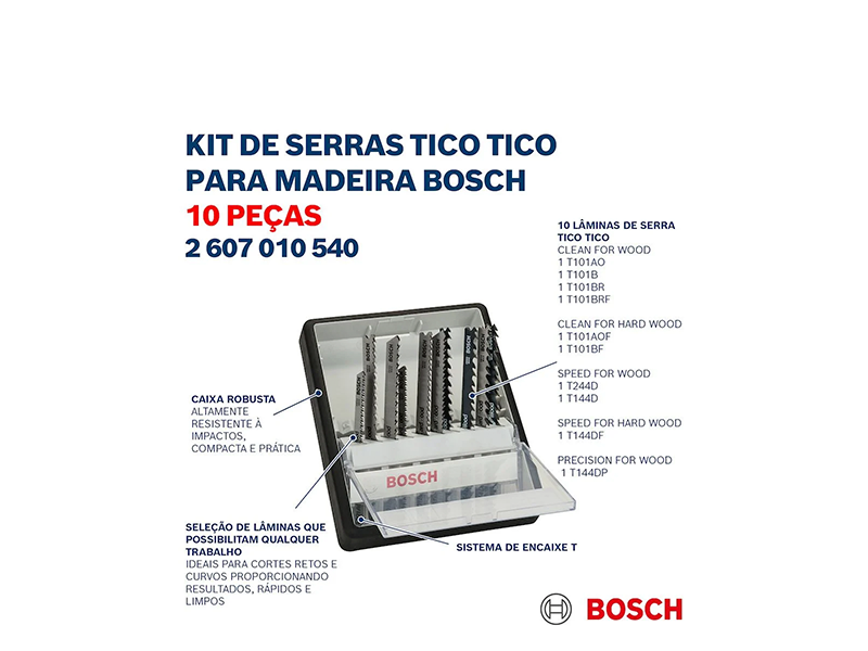 JOGO DE LÂMINAS DE SERRA TICO-TICO PARA MADEIRA T COM 10 PEÇAS 2607010540 BOSCH